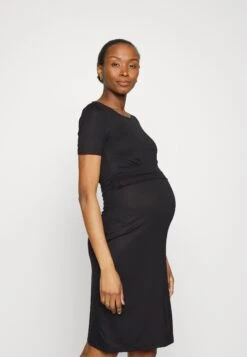 Short Sleeves Ruched Waist Mini Flared Dress - Robe En Jersey - Black